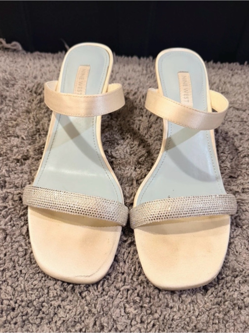 Nine West Cream Satin Heels with Rhinestone Toe Strap